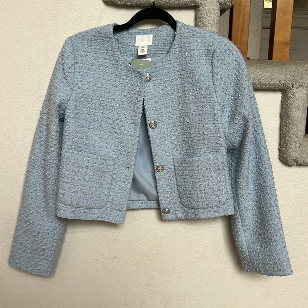 H&M Light Blue Tweed Cropped Blazer